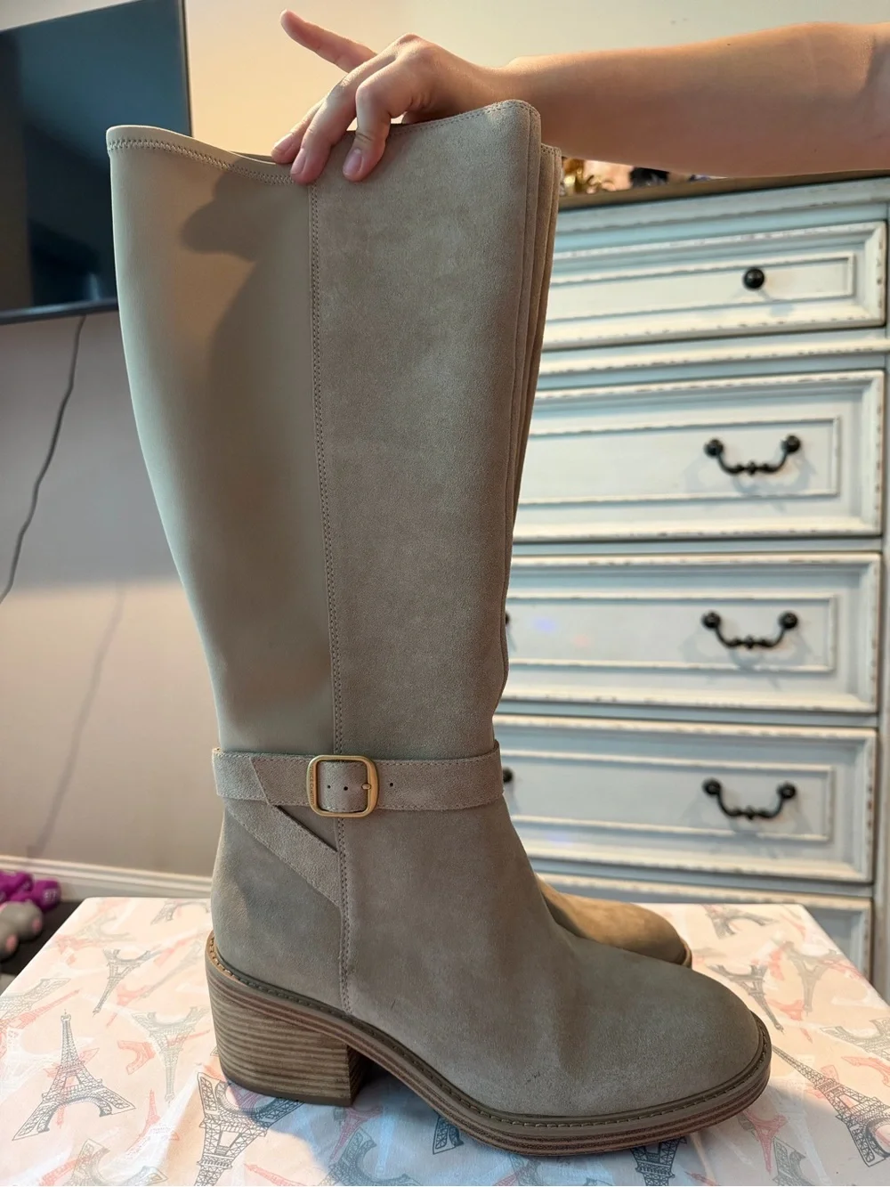 Vince Camuto Taupe Suede Over-The-Knee Boots with Gold Buckle